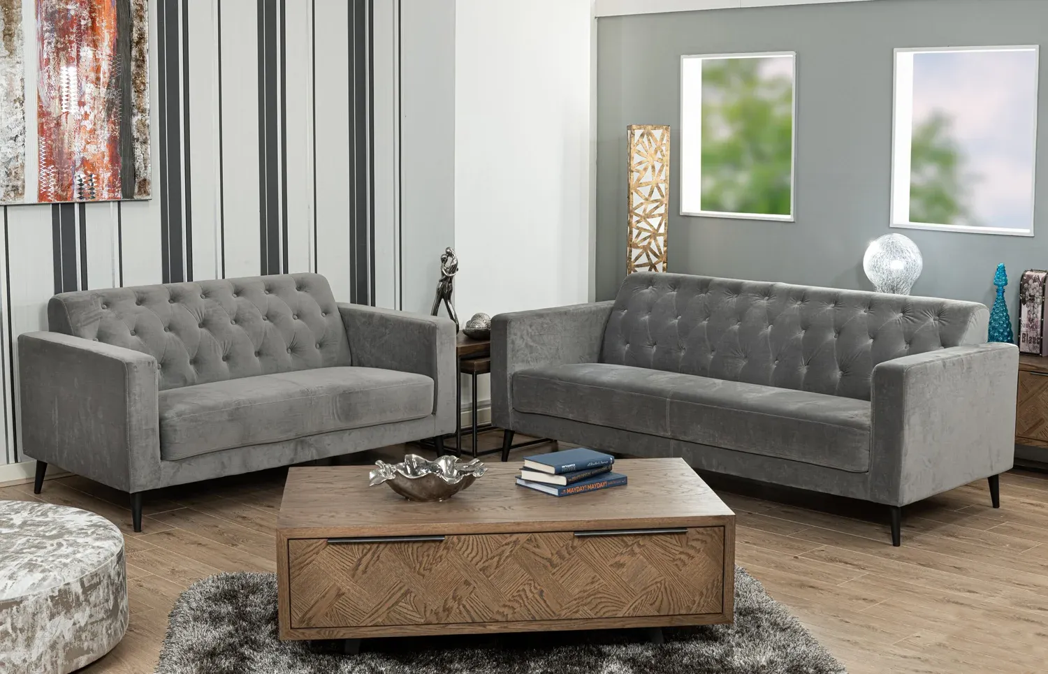 Buttoned grey sofa, studio furniture product photography