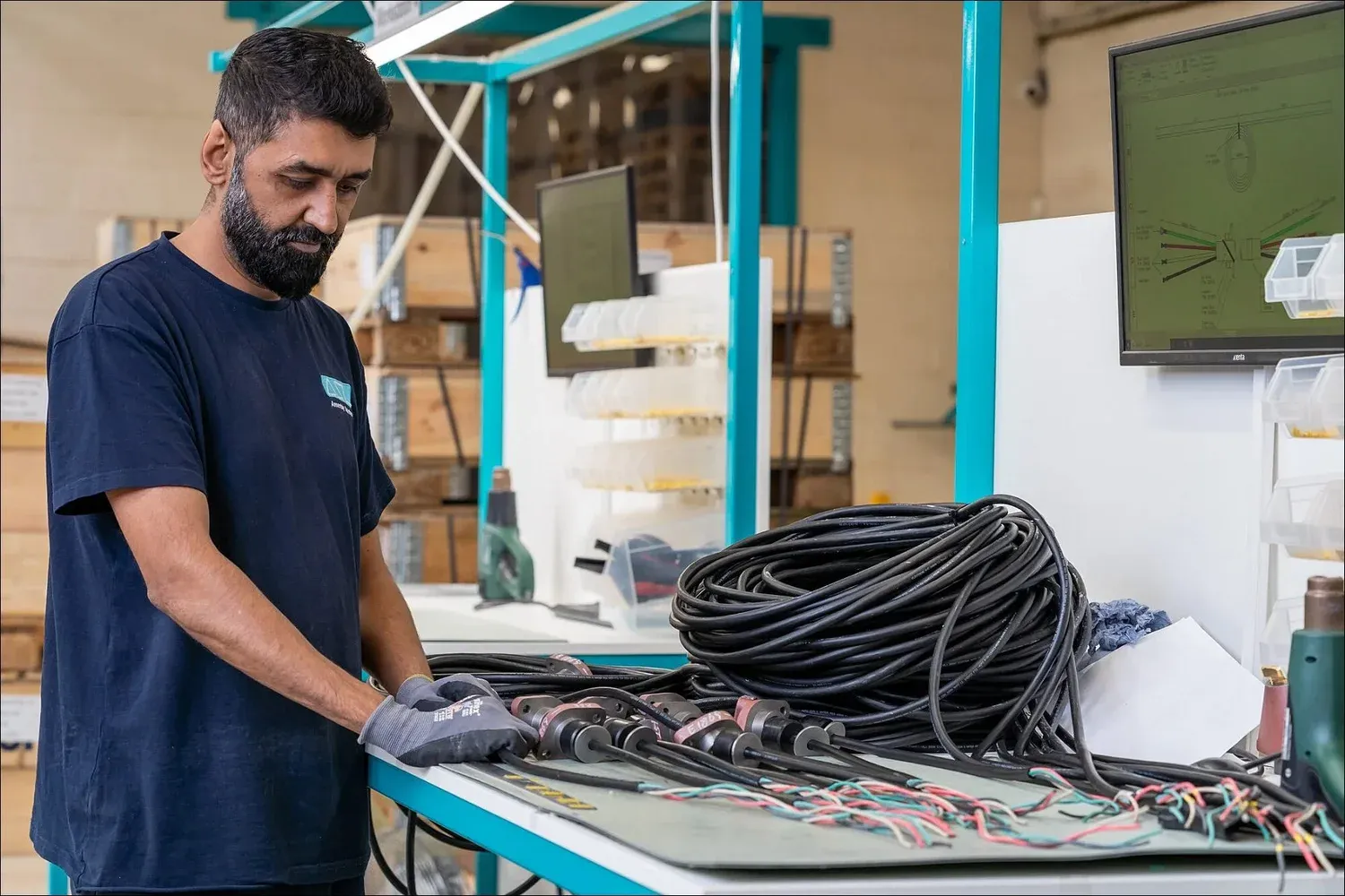Bearded worker handling heavy duty cables in manufacturing image