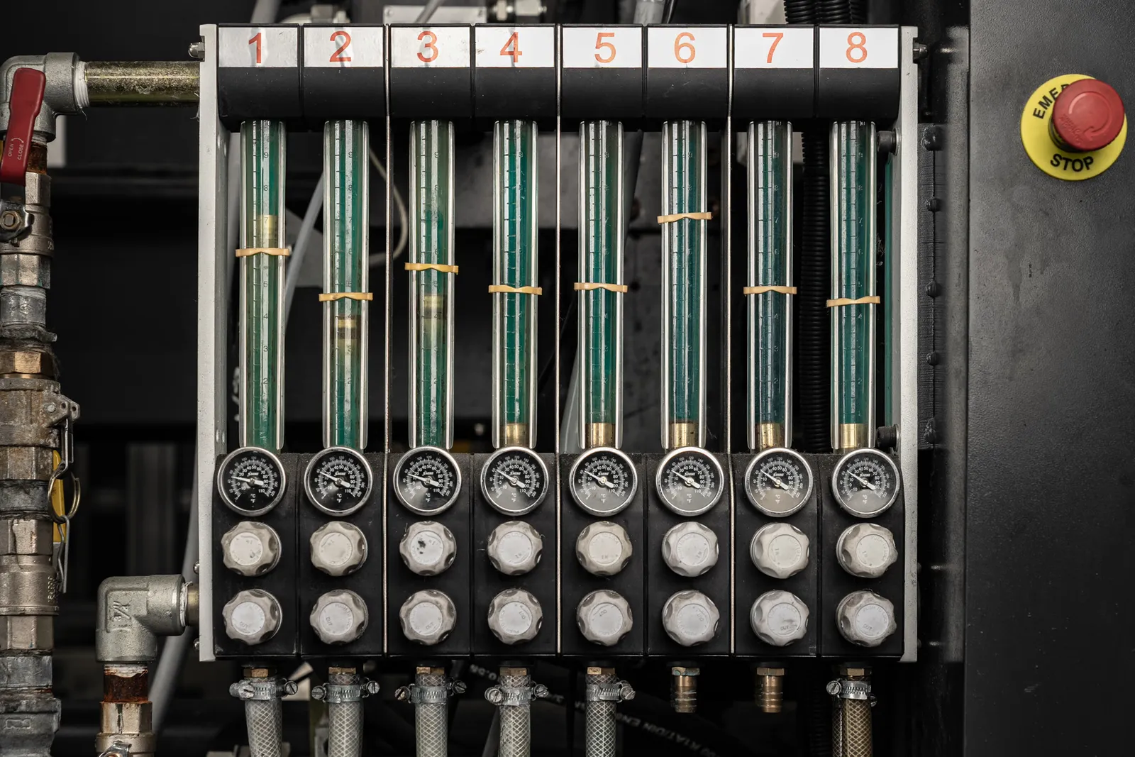 Pneumatic control gauges and lines on AC Plastics production machinery