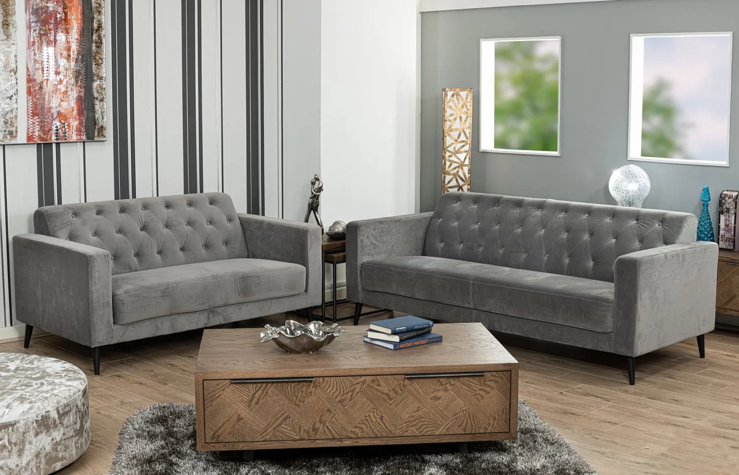 Buttoned grey sofa, studio furniture product photography