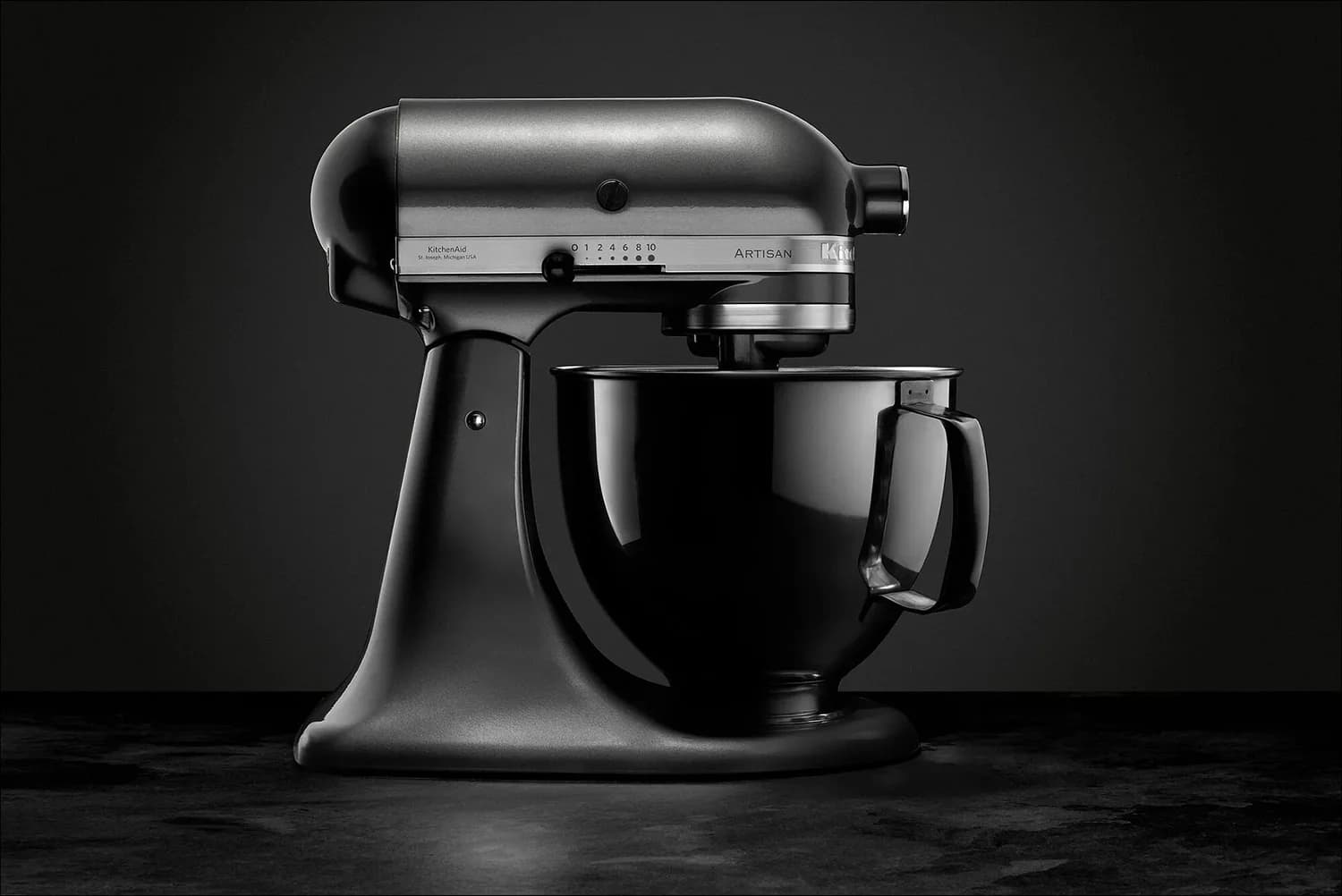 KitchenAid Artisan metallic grey stand mixer product photography