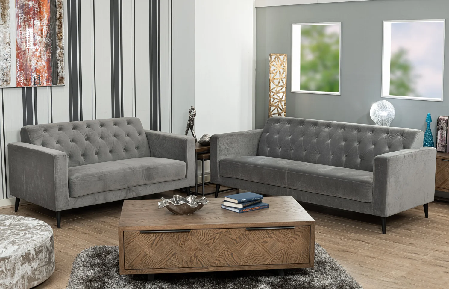 Buttoned grey sofa, studio furniture product photography