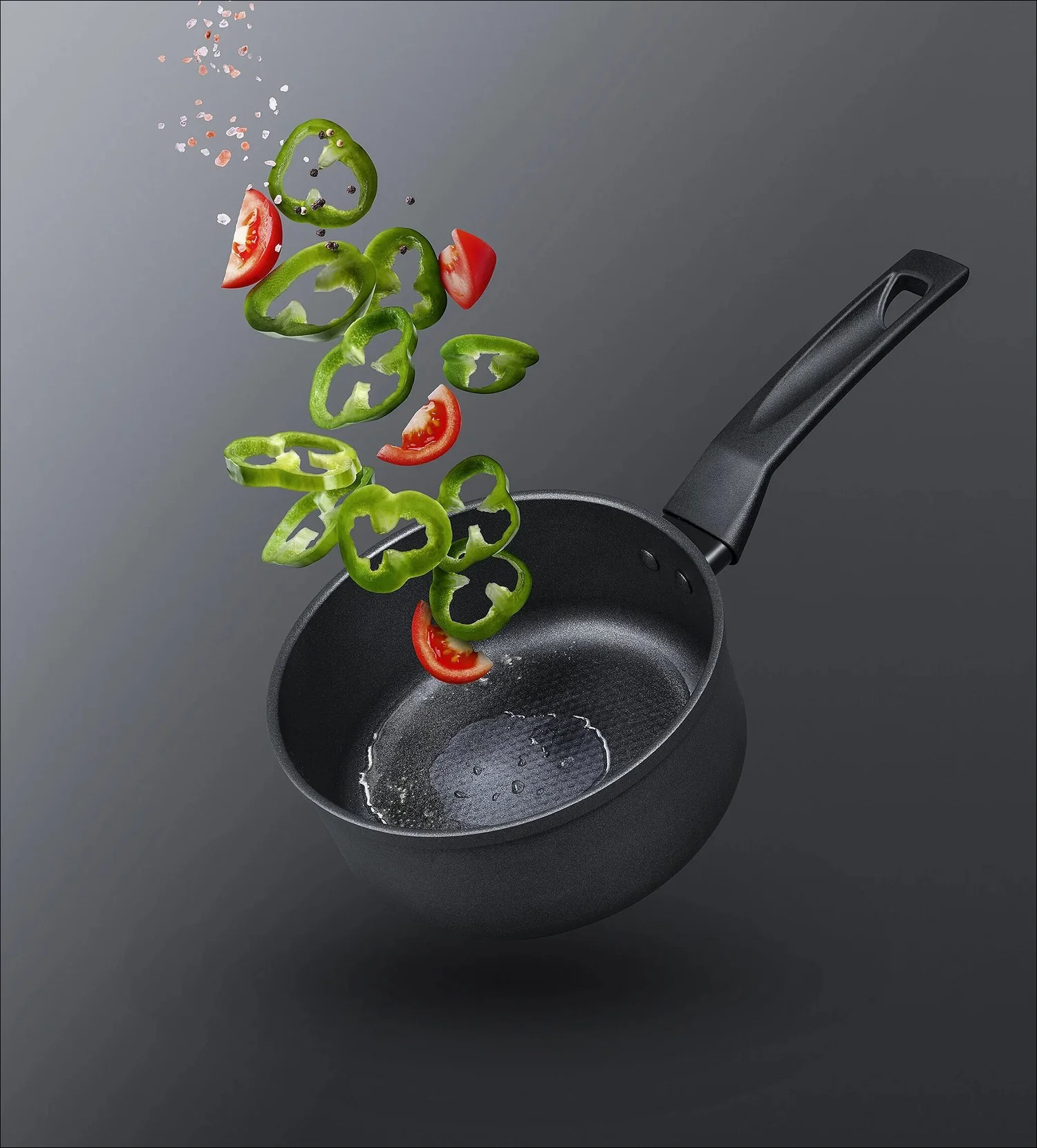 Levitating saucepan vegetable cascade