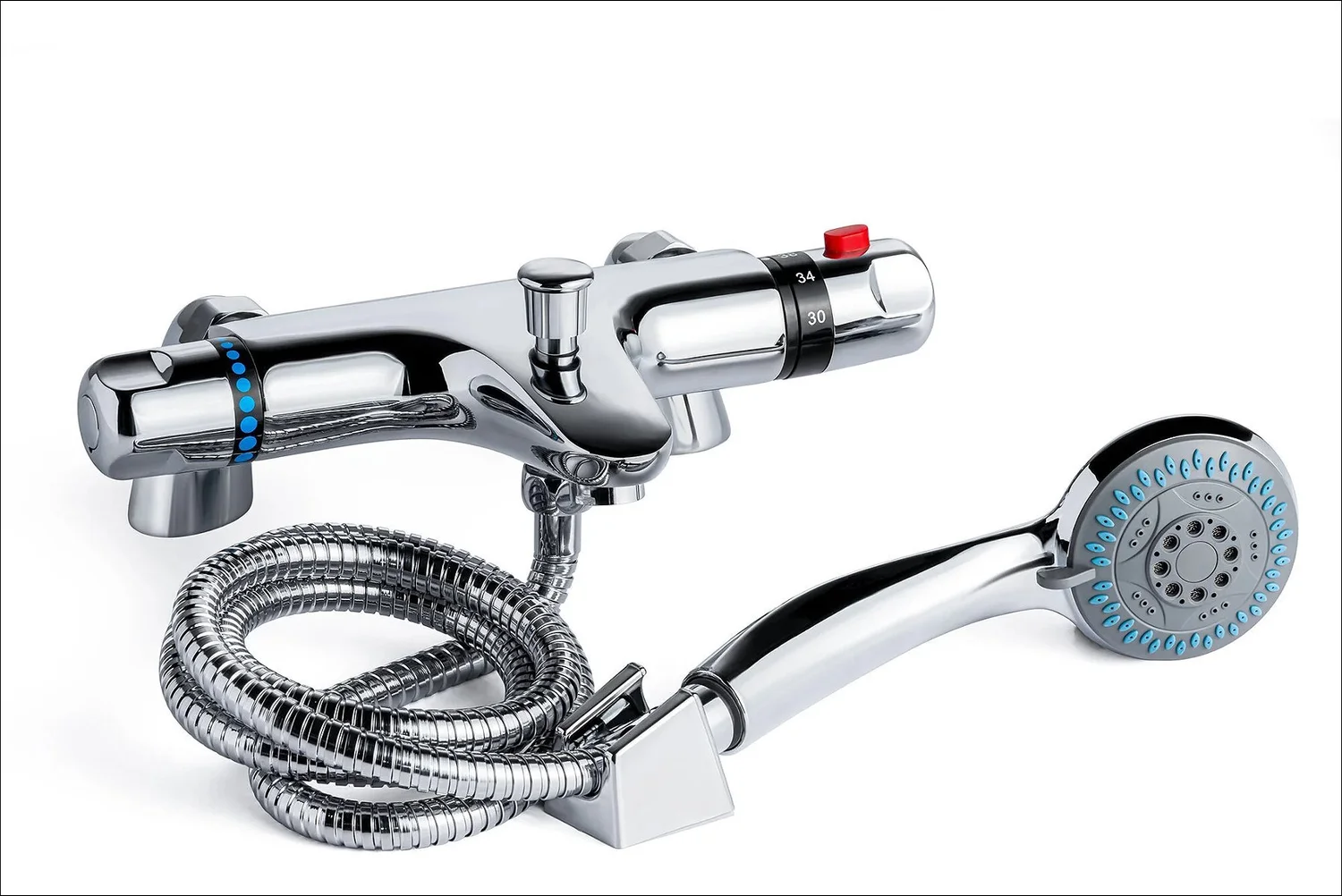 Chrome thermostatic shower mixer red button blue dots
