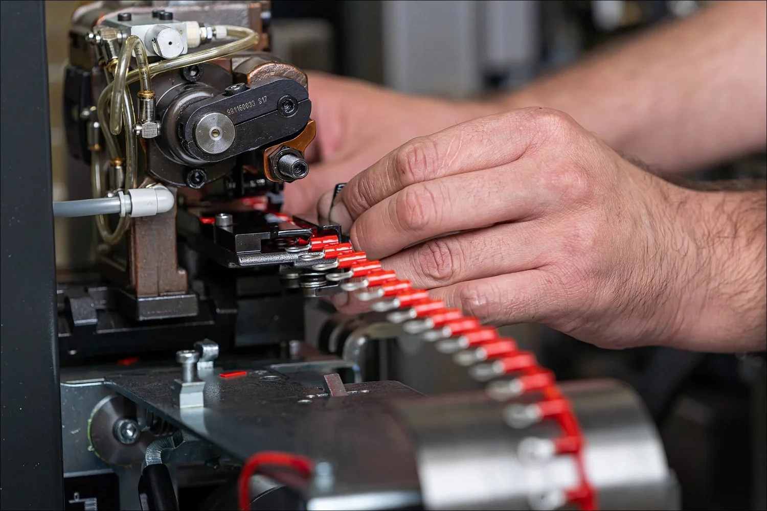 Worker feeding red wire terminals into a crimping machine
