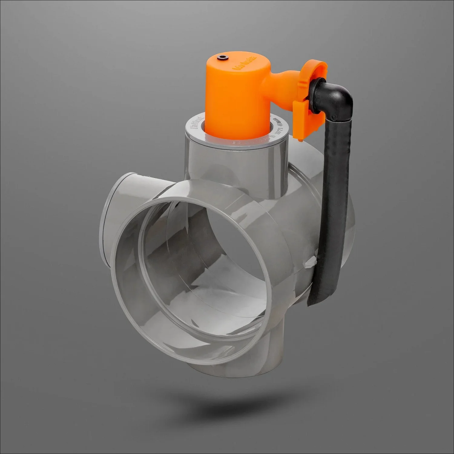 Grey pvc fitting with orange actuator overflow