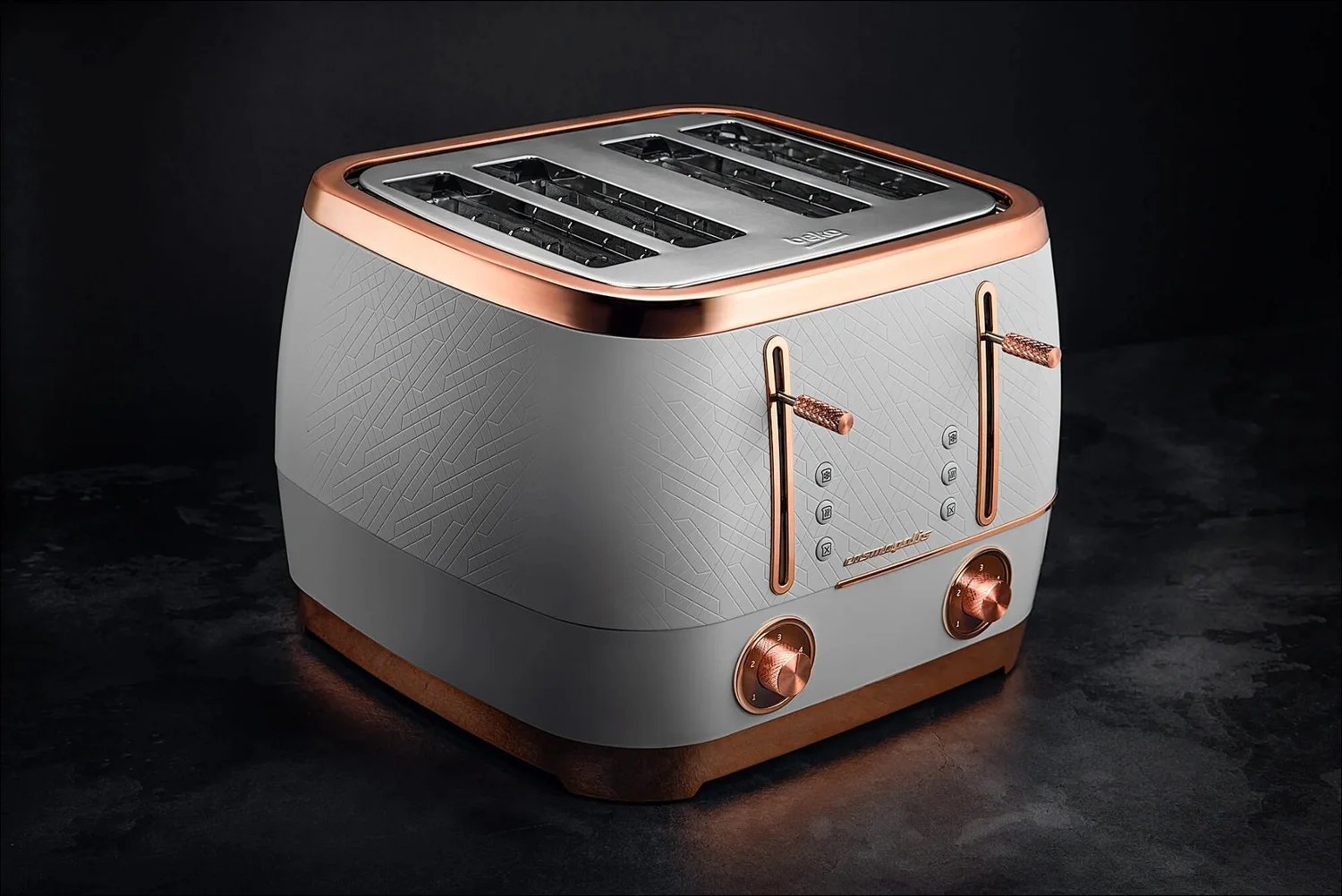 Geo patterned grey slice toaster rose gold accents