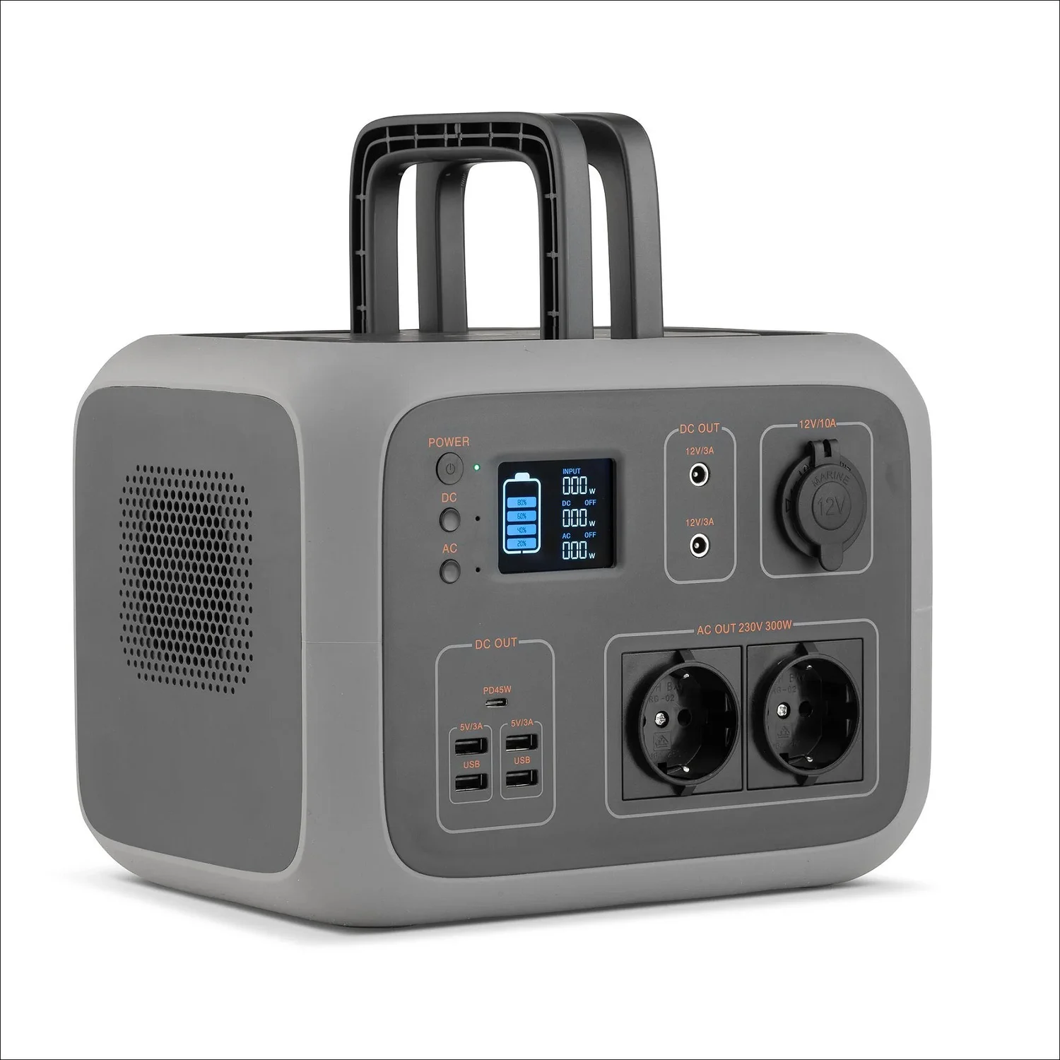 Grey portable power station with ac dc usb marine outputs