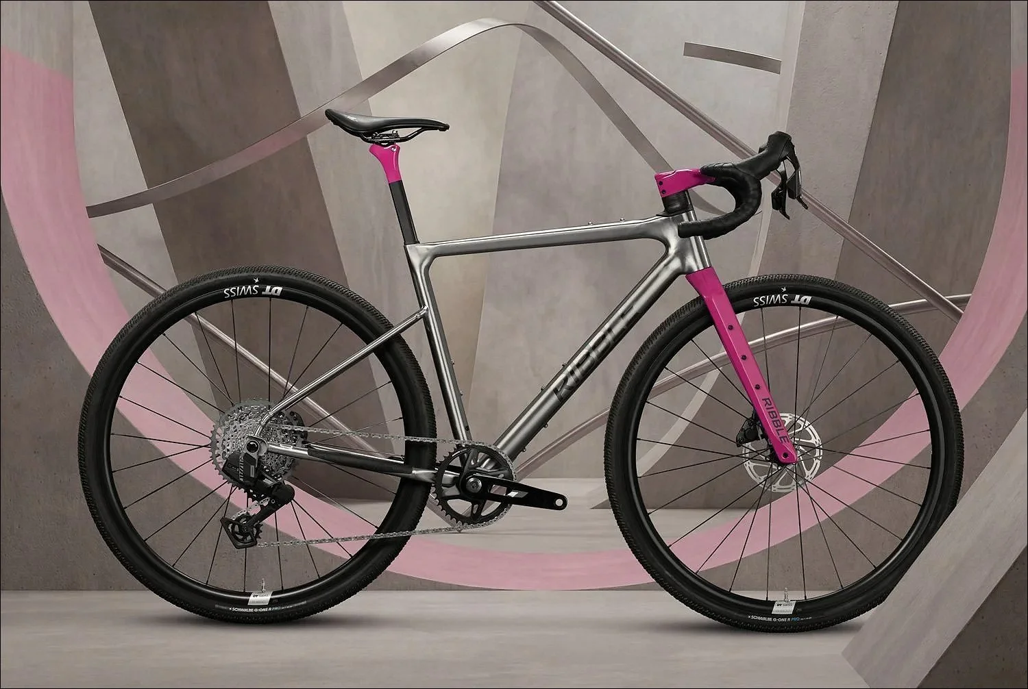 Titanium Ribble gravel bike with Hot Candy magenta fork, seatpost and cockpit