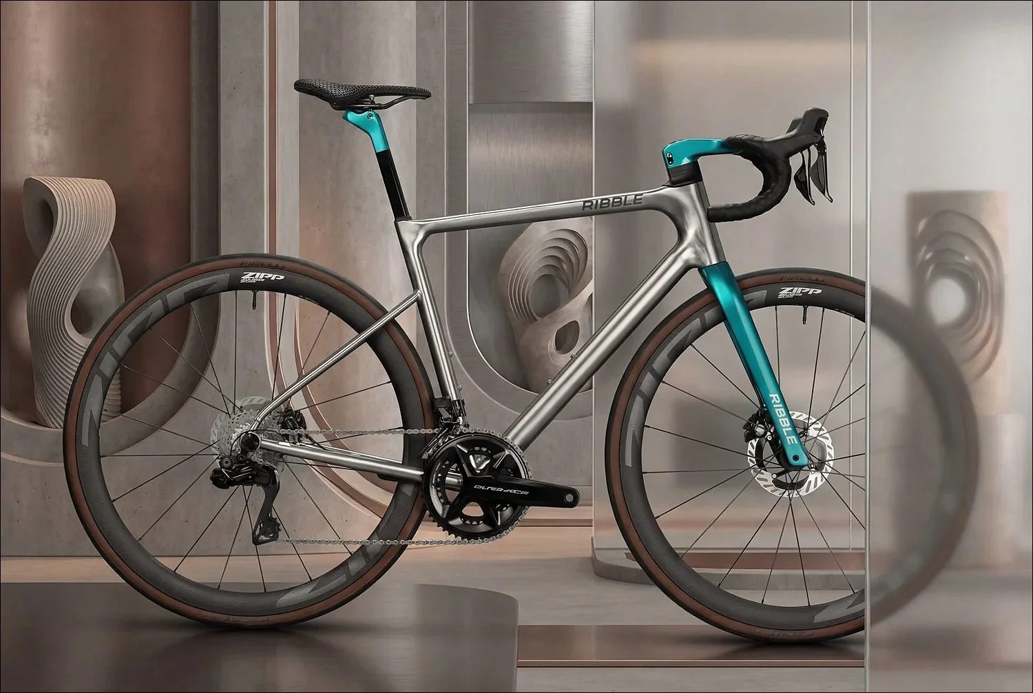 Polished titanium and teal fork road bike profile ribble cycles