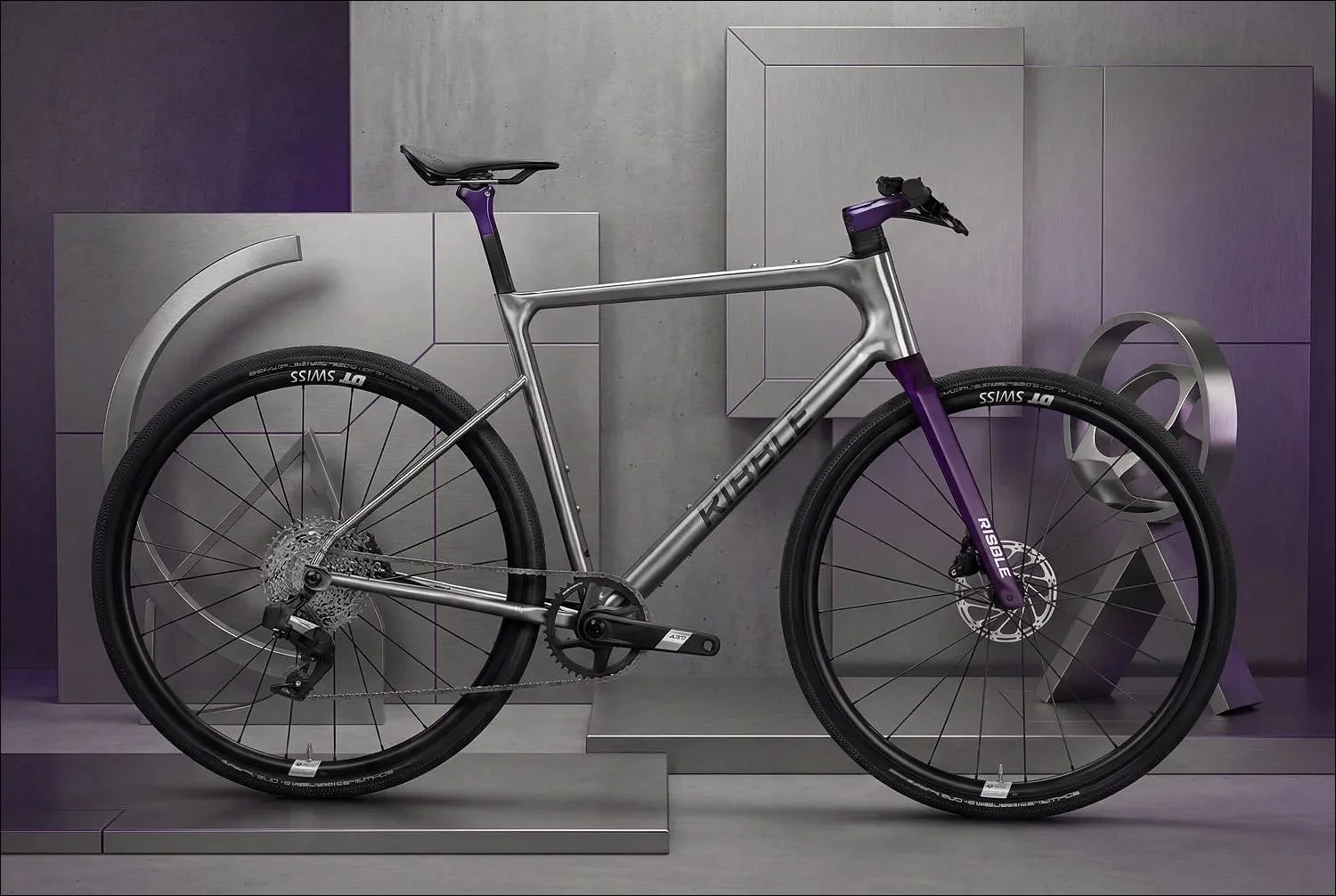 Brushed titanium Ribble frame with a purple CustomColour fork