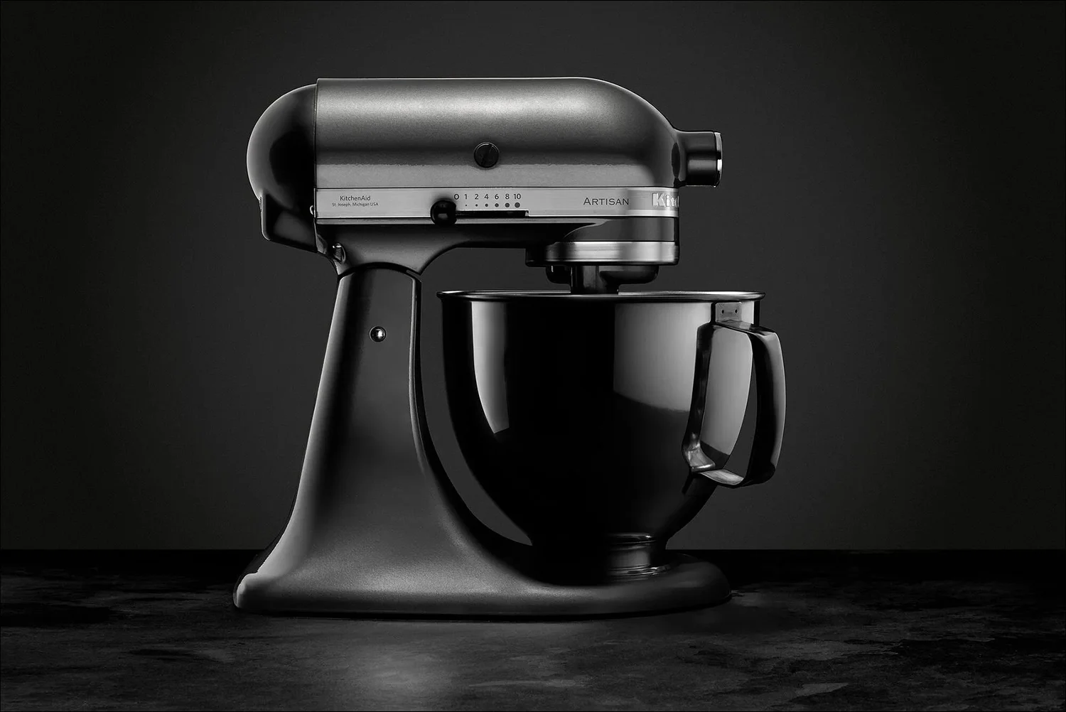 KitchenAid Artisan metallic grey stand mixer product photography