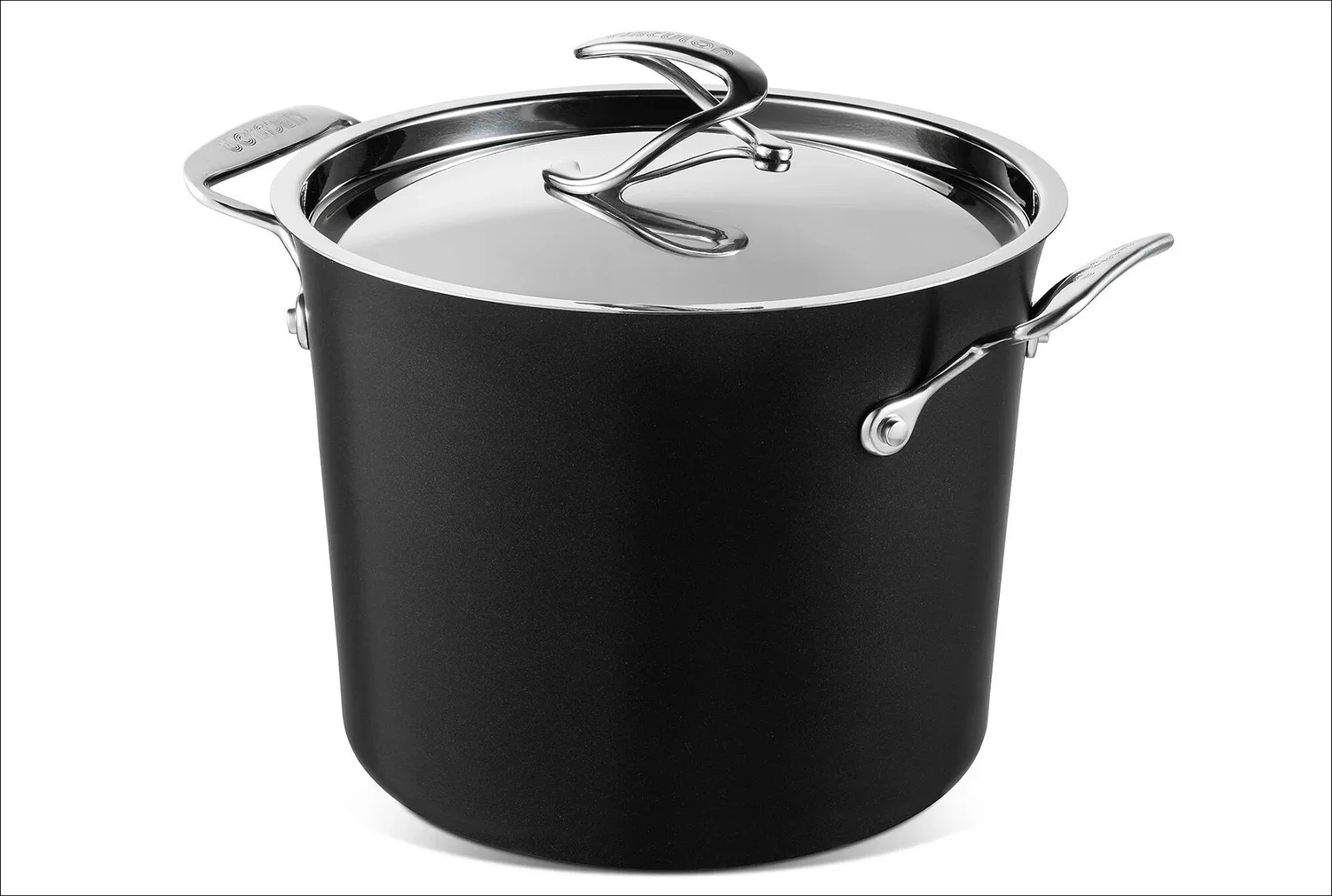 Black nonstick stockpot with stainless lid and arch handle