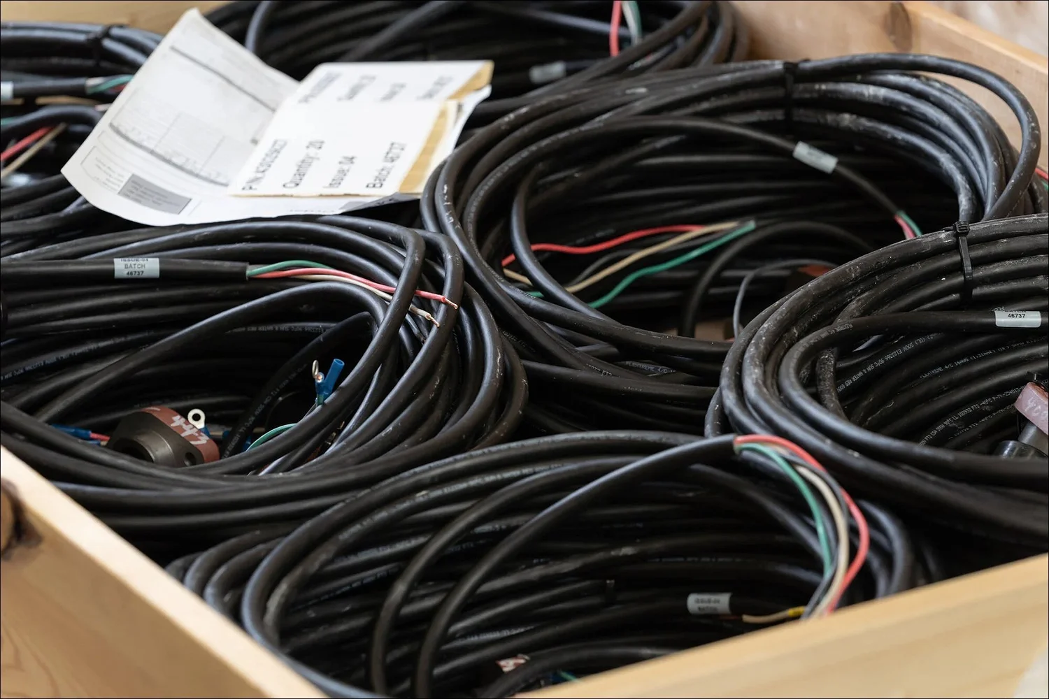 Coils black industrial cable tagged
